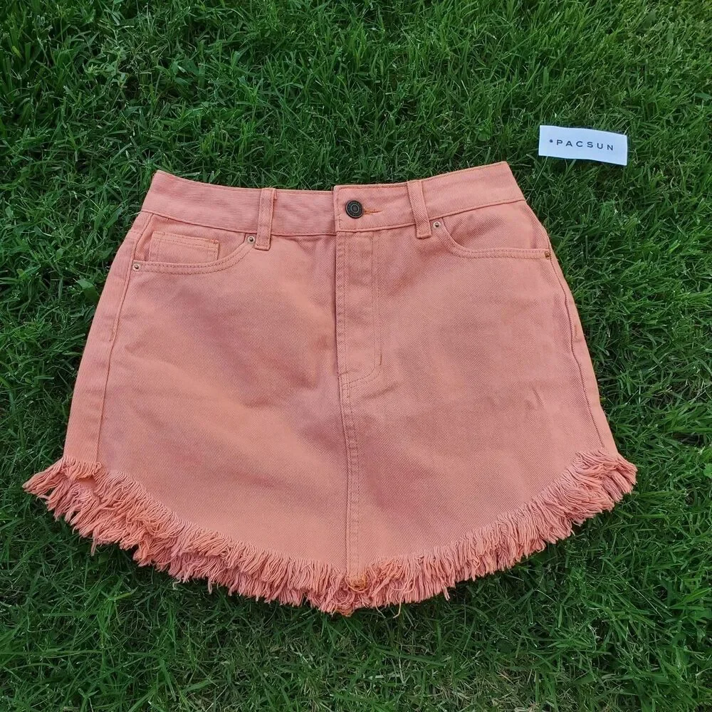 Pacsun Clay Salmon Denim Skirt Frayed Edge Size 25